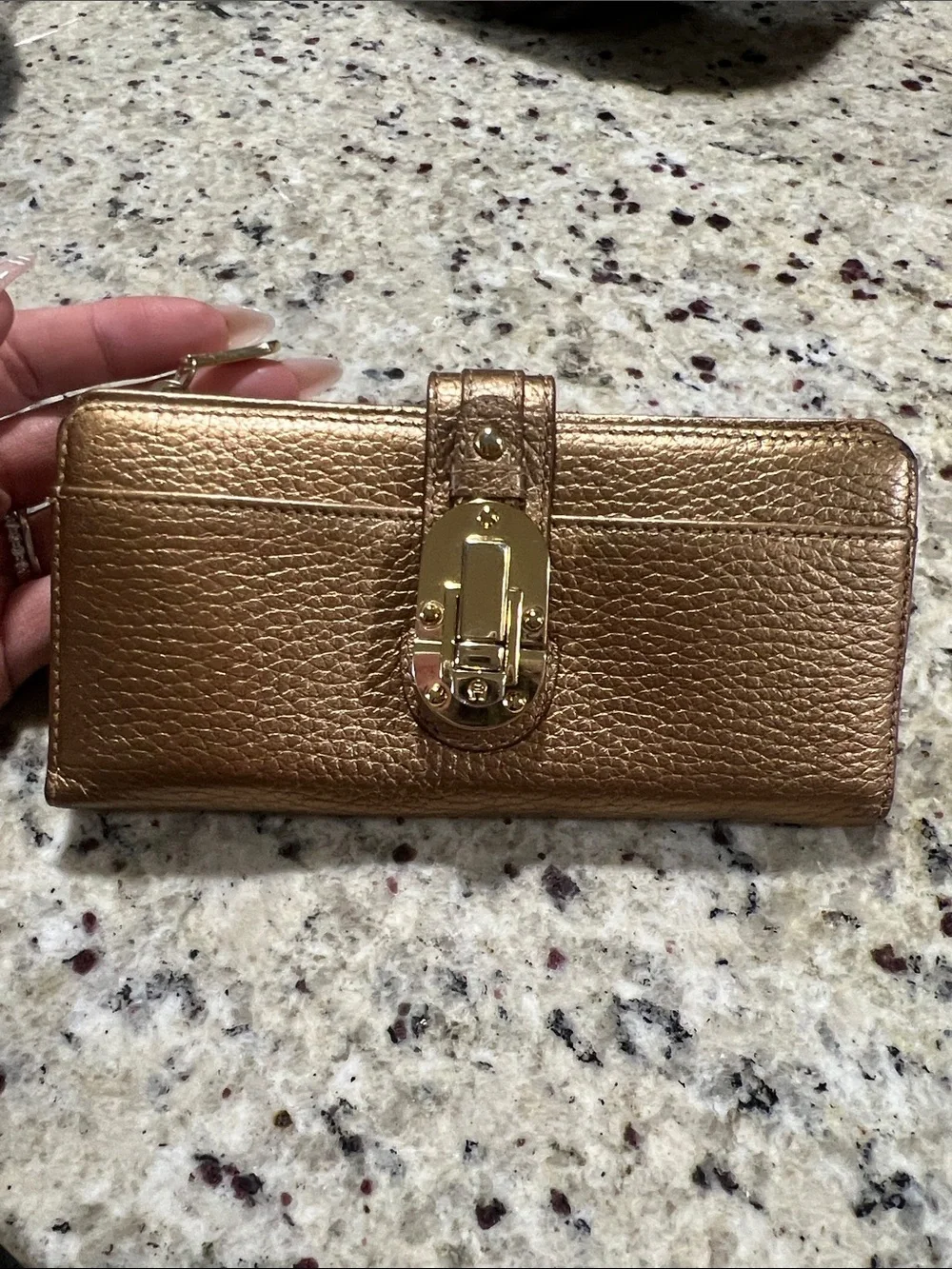 Etienne Aigner Metallic Rose Gold Leather Card Wallet with Gold Hardware